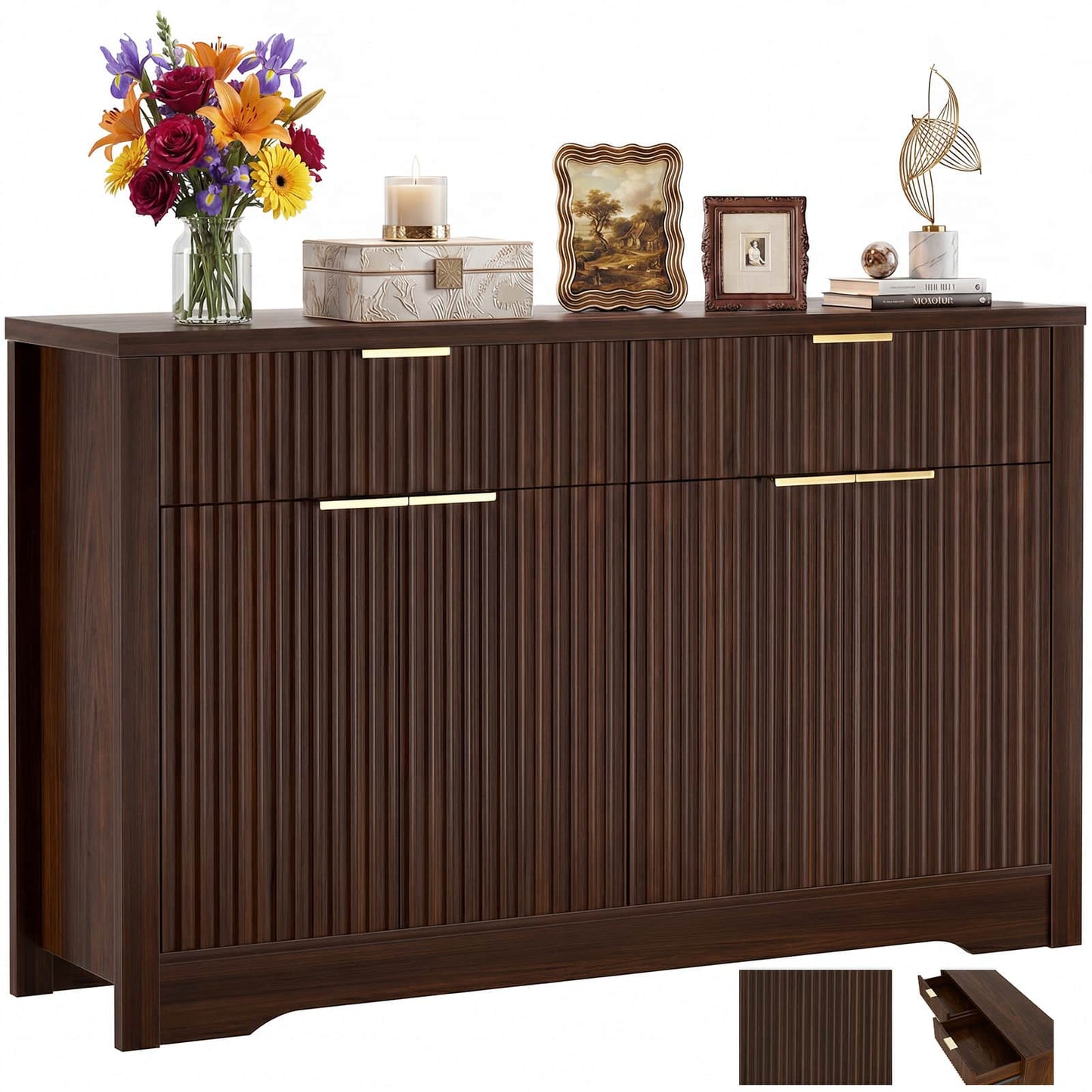Buffet Cabinet with Storage, 55" Fluted Sideboard Buffet with Drawers