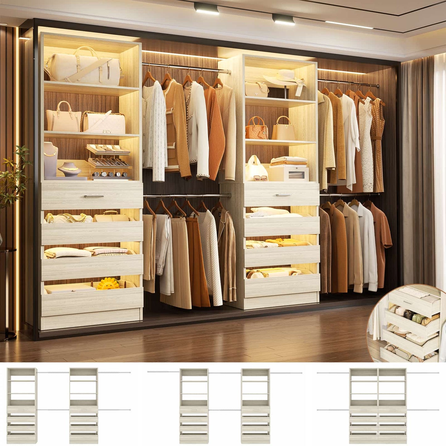 Adjustable Closet Organizer System (6-15Ft) with 8 Wooden Drawers & Modular Tower