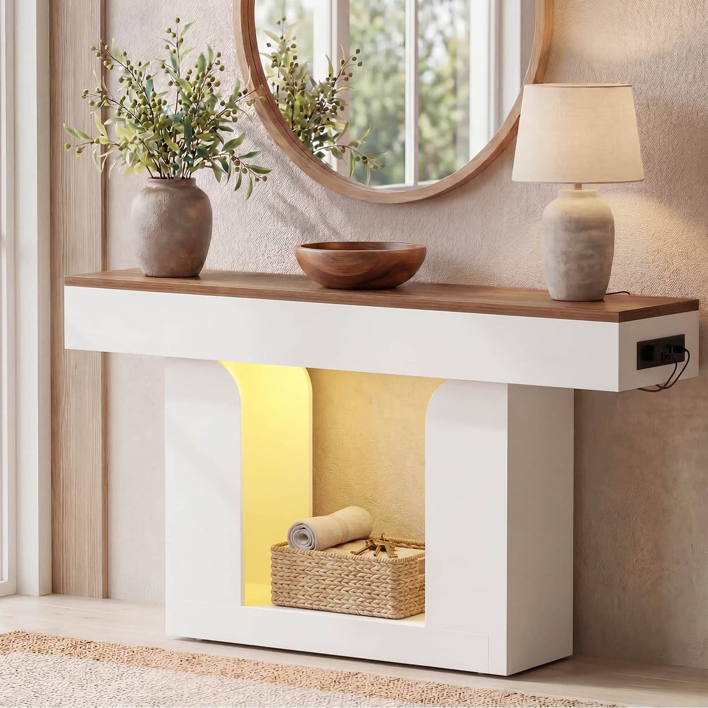 47" Farmhouse Console Table -LED Lights & Charging Station, Narrow Sofa Table for Entryway, Living Room, Foyer, Hallway