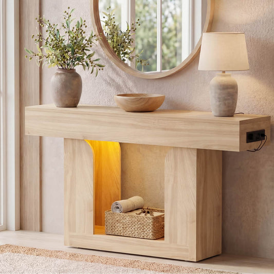 47" Farmhouse Console Table -LED Lights & Charging Station, Narrow Sofa Table for Entryway, Living Room, Foyer, Hallway