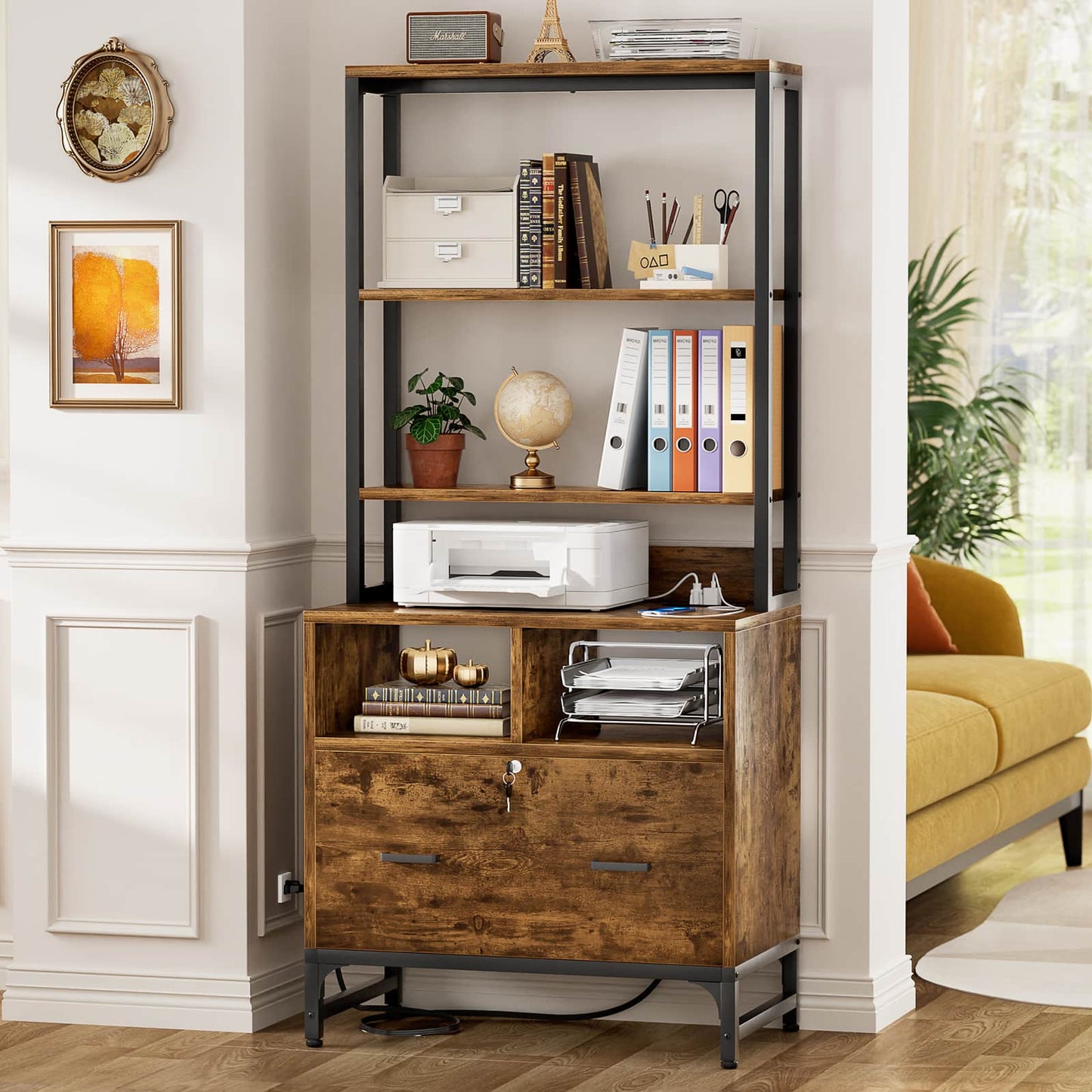 File Cabinet with Charging Station, Vertical Filing Cabinet with Lock & Large Drawer