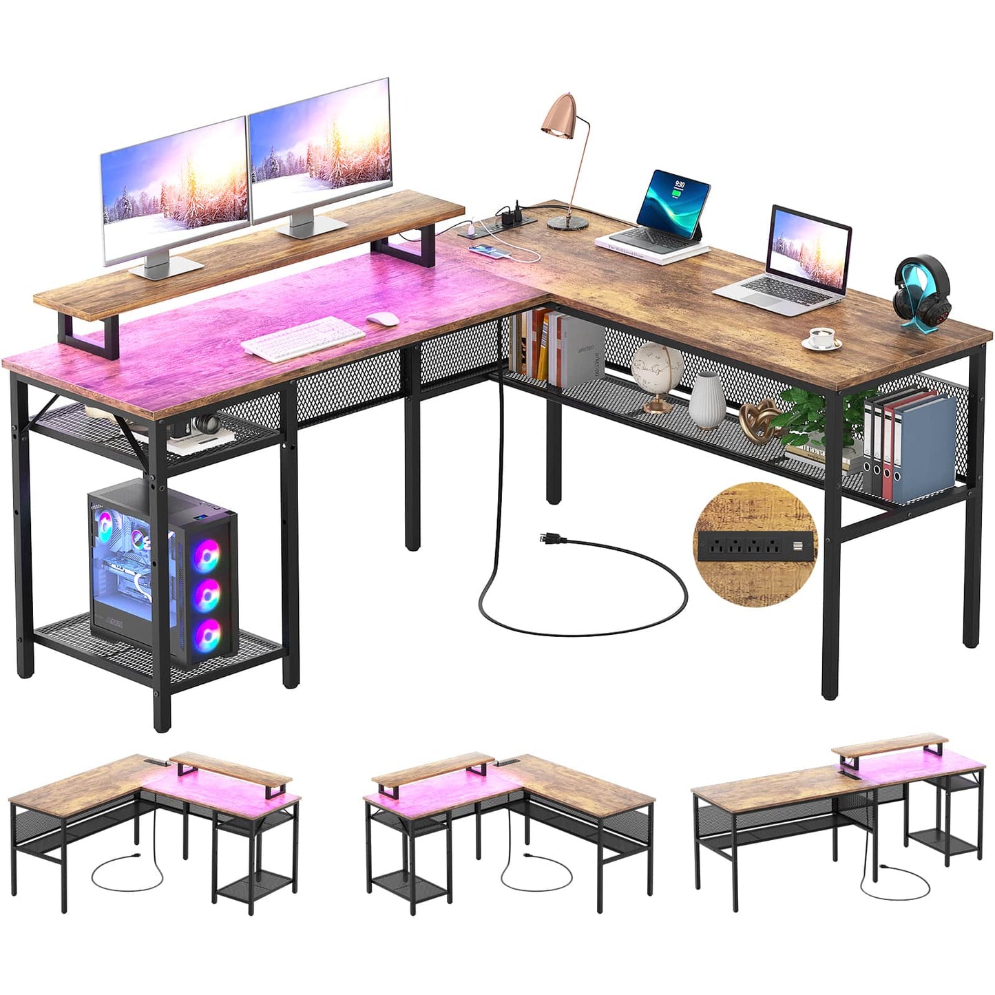 L Shaped Computer Desk with Magic Power Outlets and Smart LED Light