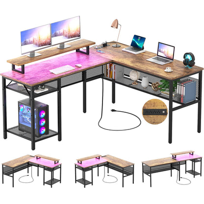 L Shaped Computer Desk with Magic Power Outlets and Smart LED Light