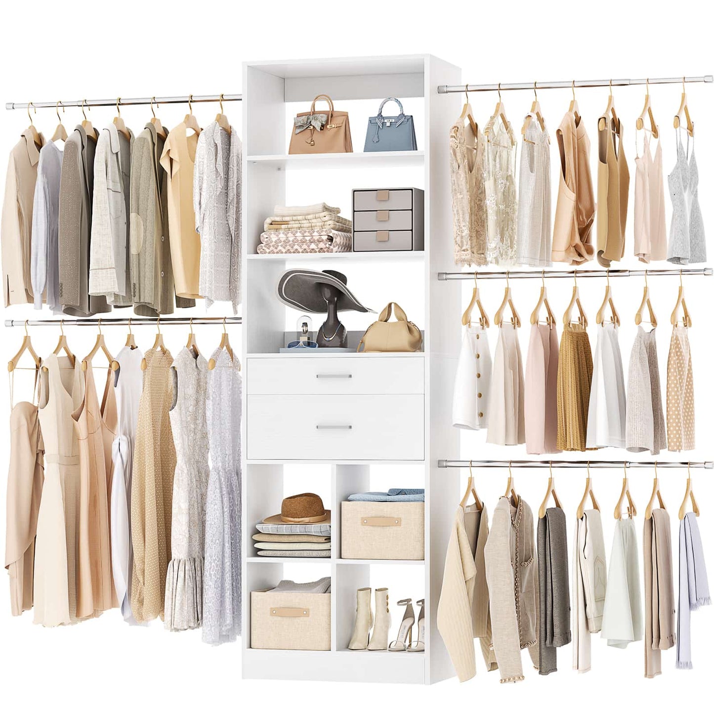 4-8 FT Walk-in Closet Organizer Tower, 2 Wooden Drawers + 5 Hang Rods, Built-in Shelves, Fit 60-96'' Closet Systems
