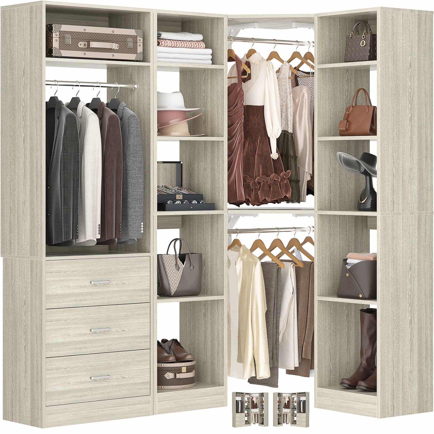 63.2" L X 39.2" W X 80" H Corner Closet System,Freestanding Closet Organizer System With 2 Drawers & 12 Shelves