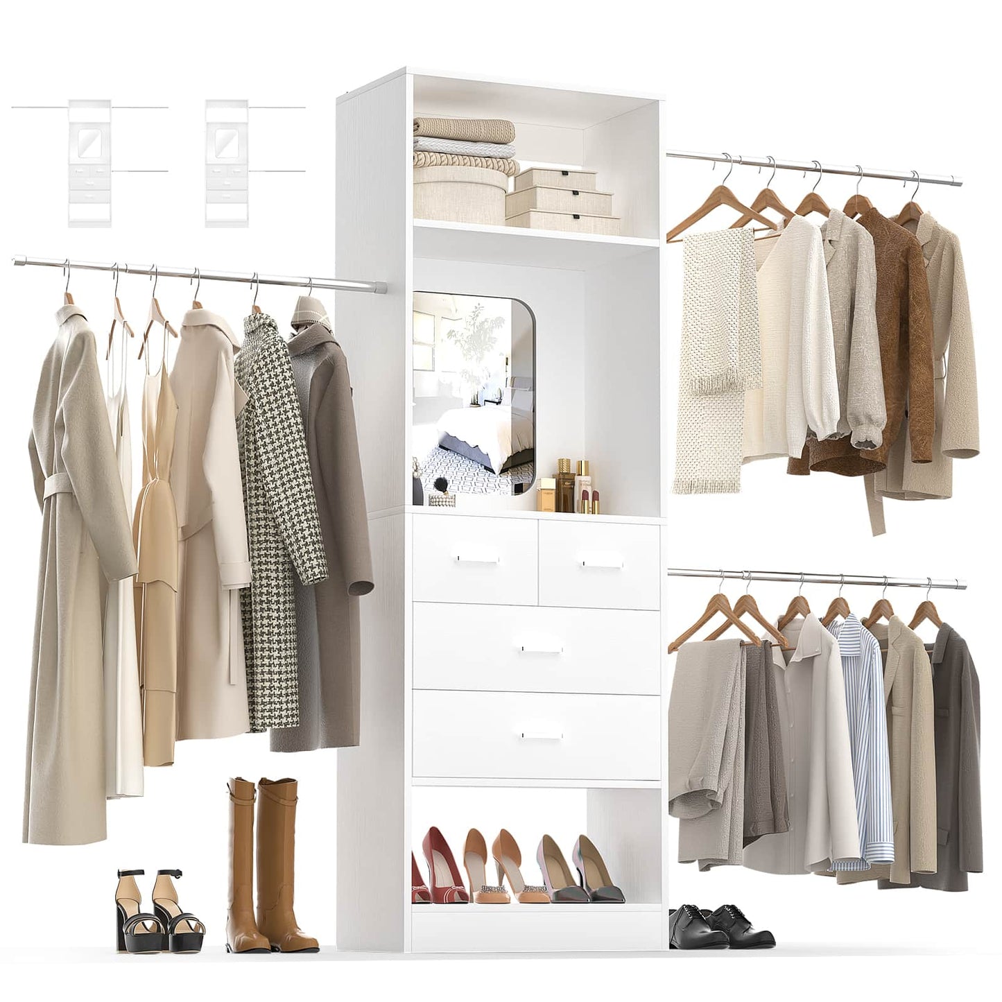 8FT Walk in Closet Systems Starter Kit with 25” Tower and 3 Extendable Hanging Rods