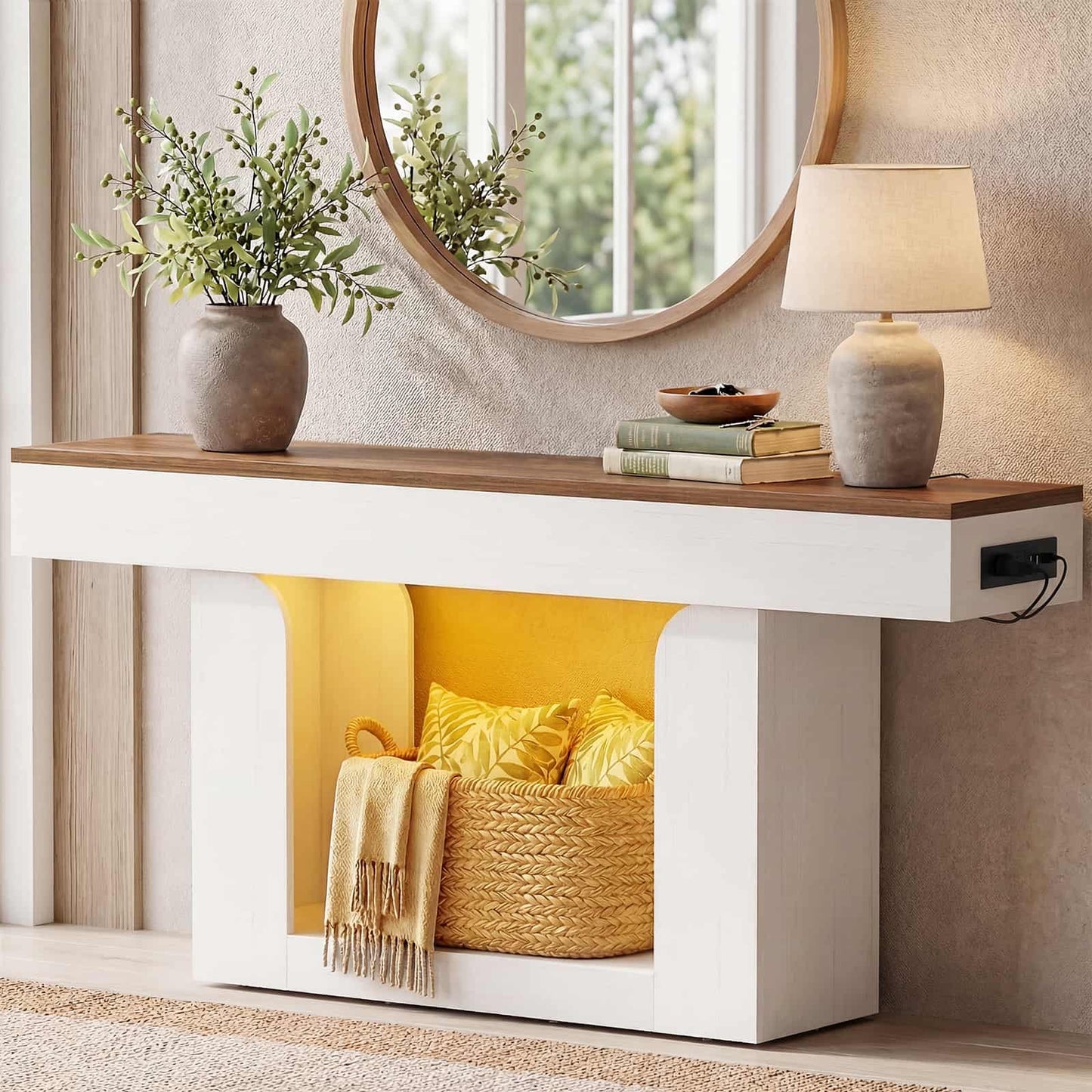 63" Farmhouse Console Table -LED Lights & Charging Station, Narrow Sofa Table for Entryway, Living Room, Foyer, Hallway, Behind Couch