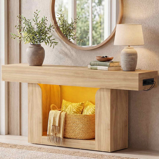 63" Farmhouse Console Table -LED Lights & Charging Station, Narrow Sofa Table for Entryway, Living Room, Foyer, Hallway, Behind Couch