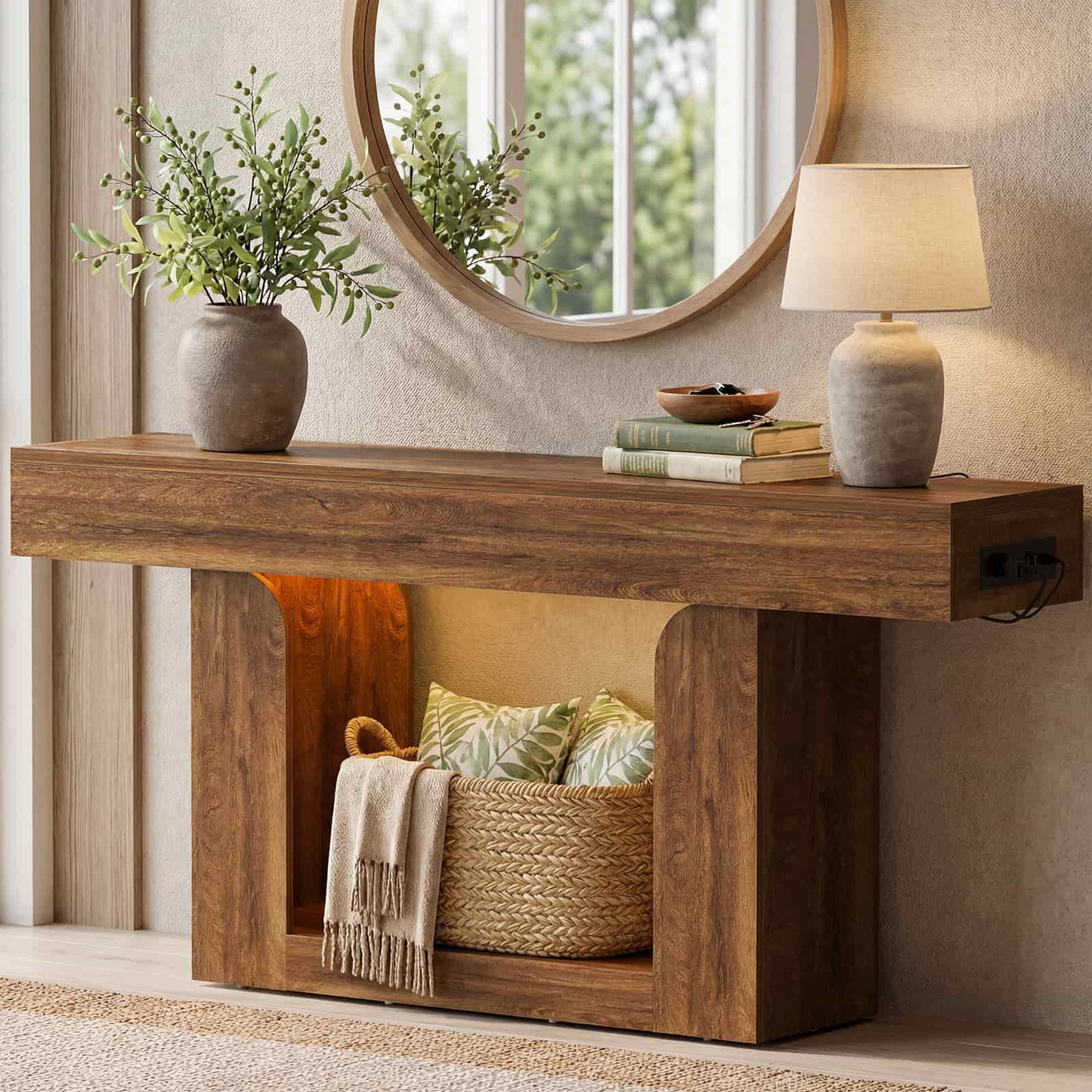 63" Farmhouse Console Table -LED Lights & Charging Station, Narrow Sofa Table for Entryway, Living Room, Foyer, Hallway, Behind Couch