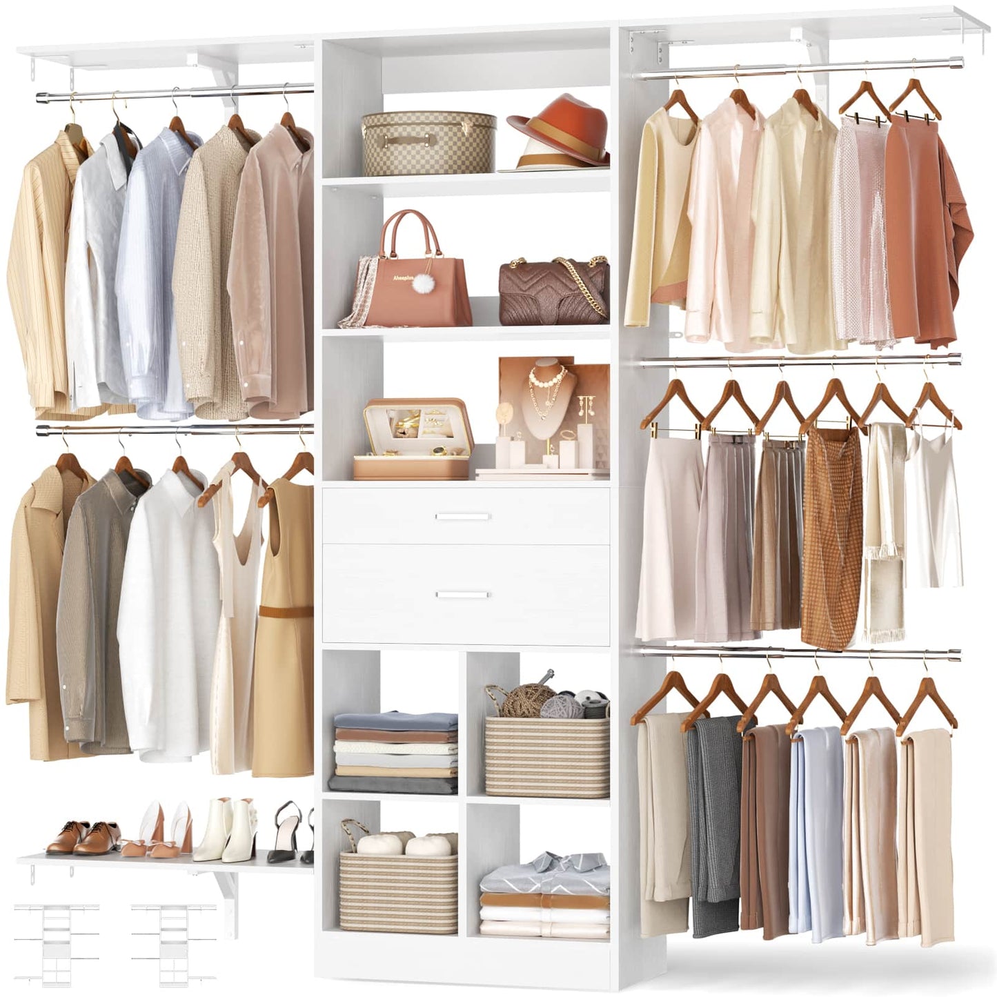 5FT Small Closet System, Baby Closet Organizer System with Wooden Drawers