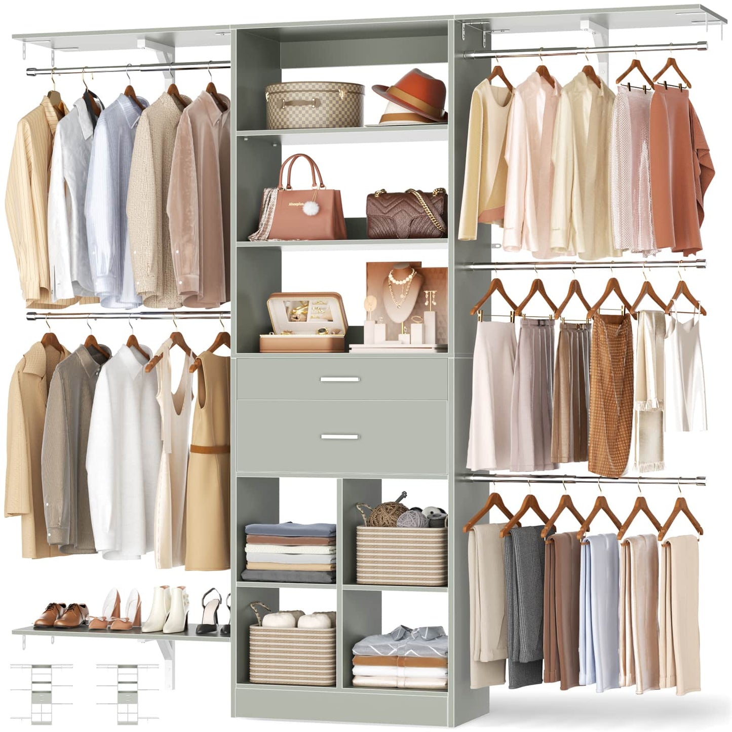 5FT Small Closet System, Baby Closet Organizer System with Wooden Drawers