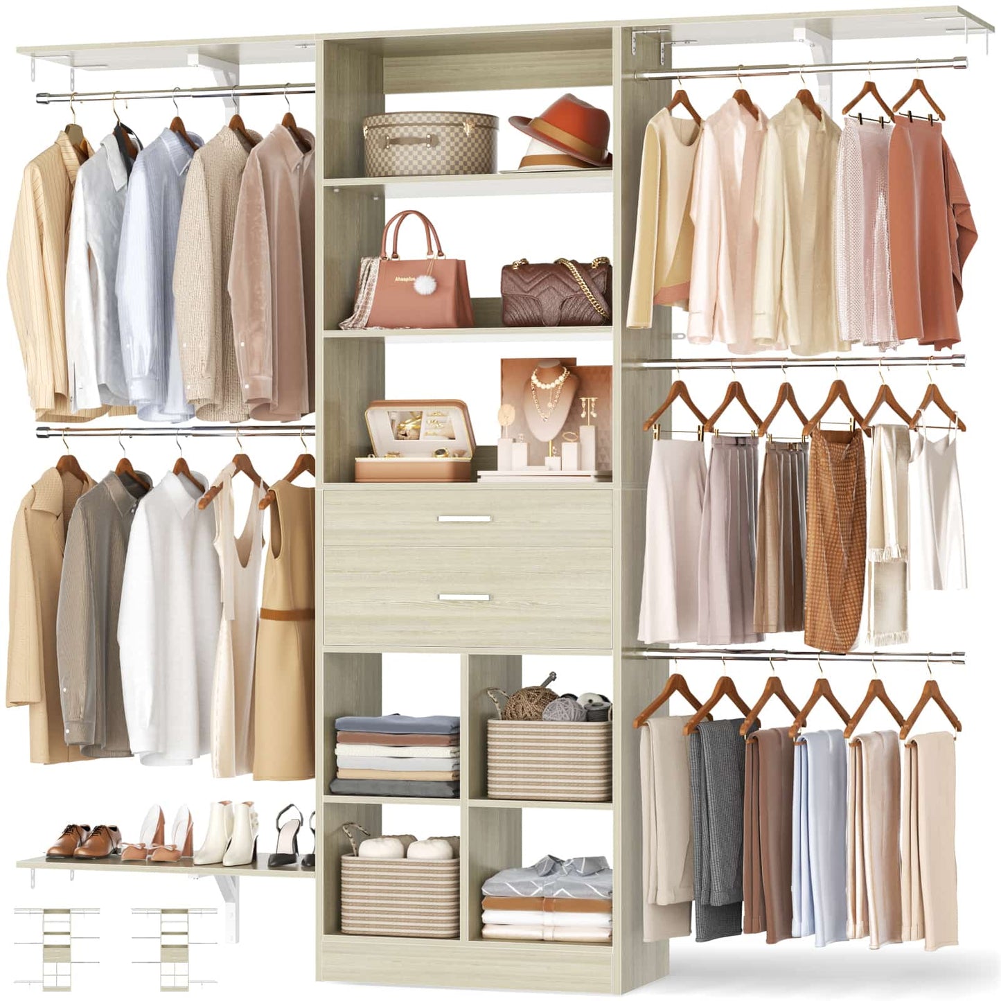 5FT Small Closet System, Baby Closet Organizer System with Wooden Drawers
