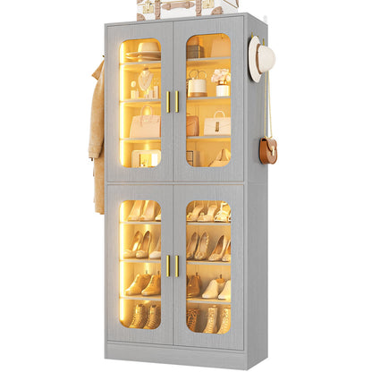 8-Tier LED Shoe Cabinet with Adjustable Shelves - 67 inch Tall Shoe Racks with Hooks for Entryway, Living Room, 24-32 Pairs