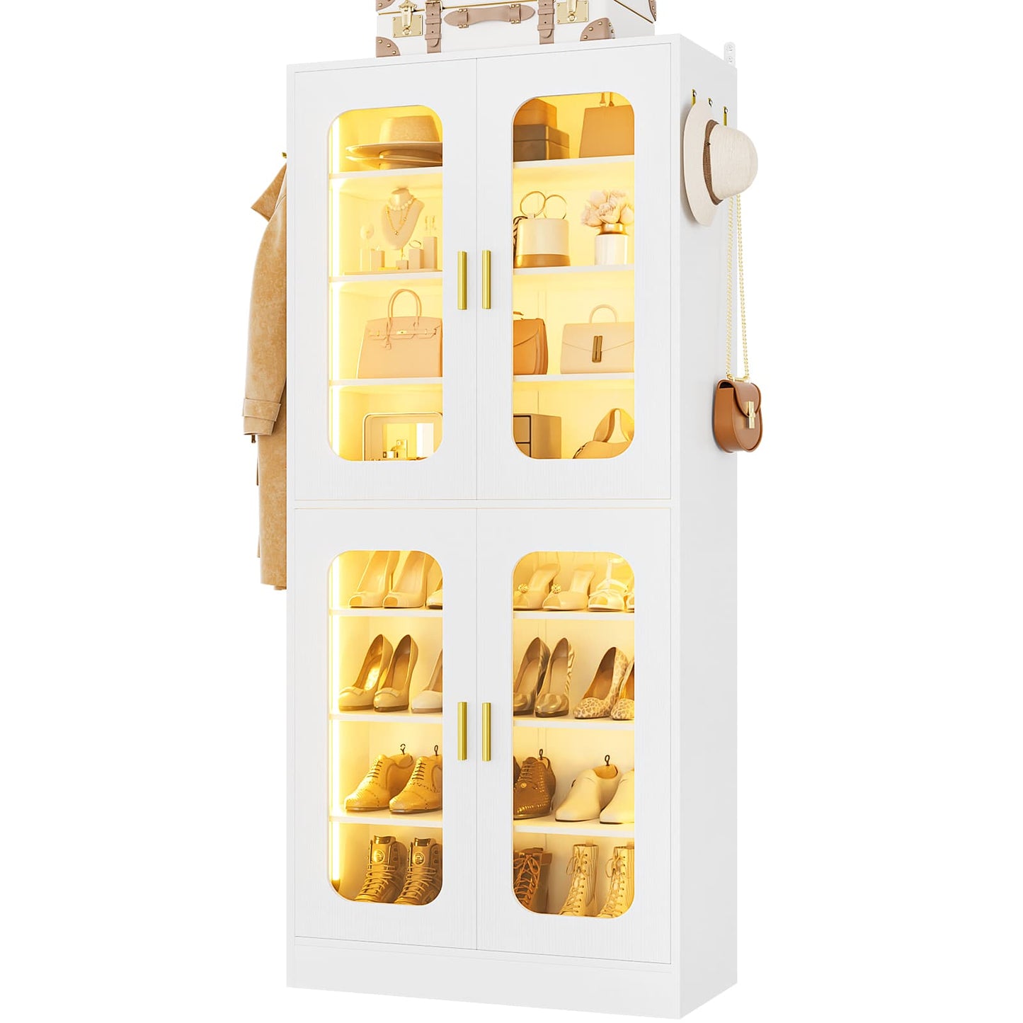 8-Tier LED Shoe Cabinet with Adjustable Shelves - 67 inch Tall Shoe Racks with Hooks for Entryway, Living Room, 24-32 Pairs