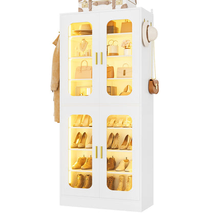 8-Tier LED Shoe Cabinet with Adjustable Shelves - 67 inch Tall Shoe Racks with Hooks for Entryway, Living Room, 24-32 Pairs