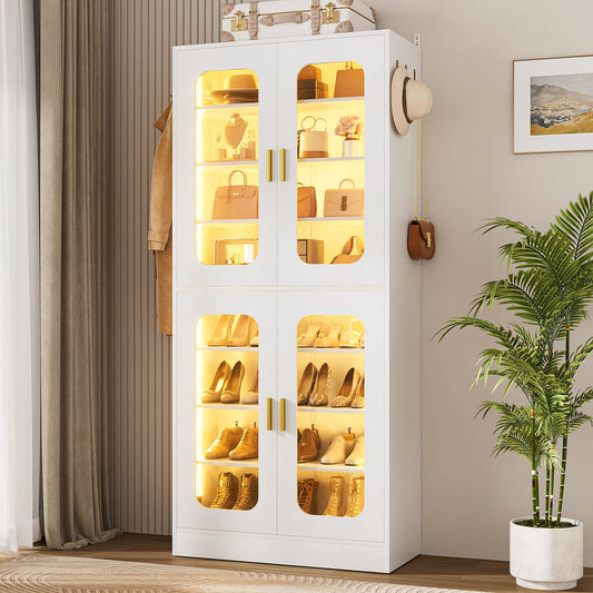 8-Tier LED Shoe Cabinet with Adjustable Shelves - 67 inch Tall Shoe Racks with Hooks for Entryway, Living Room, 24-32 Pairs