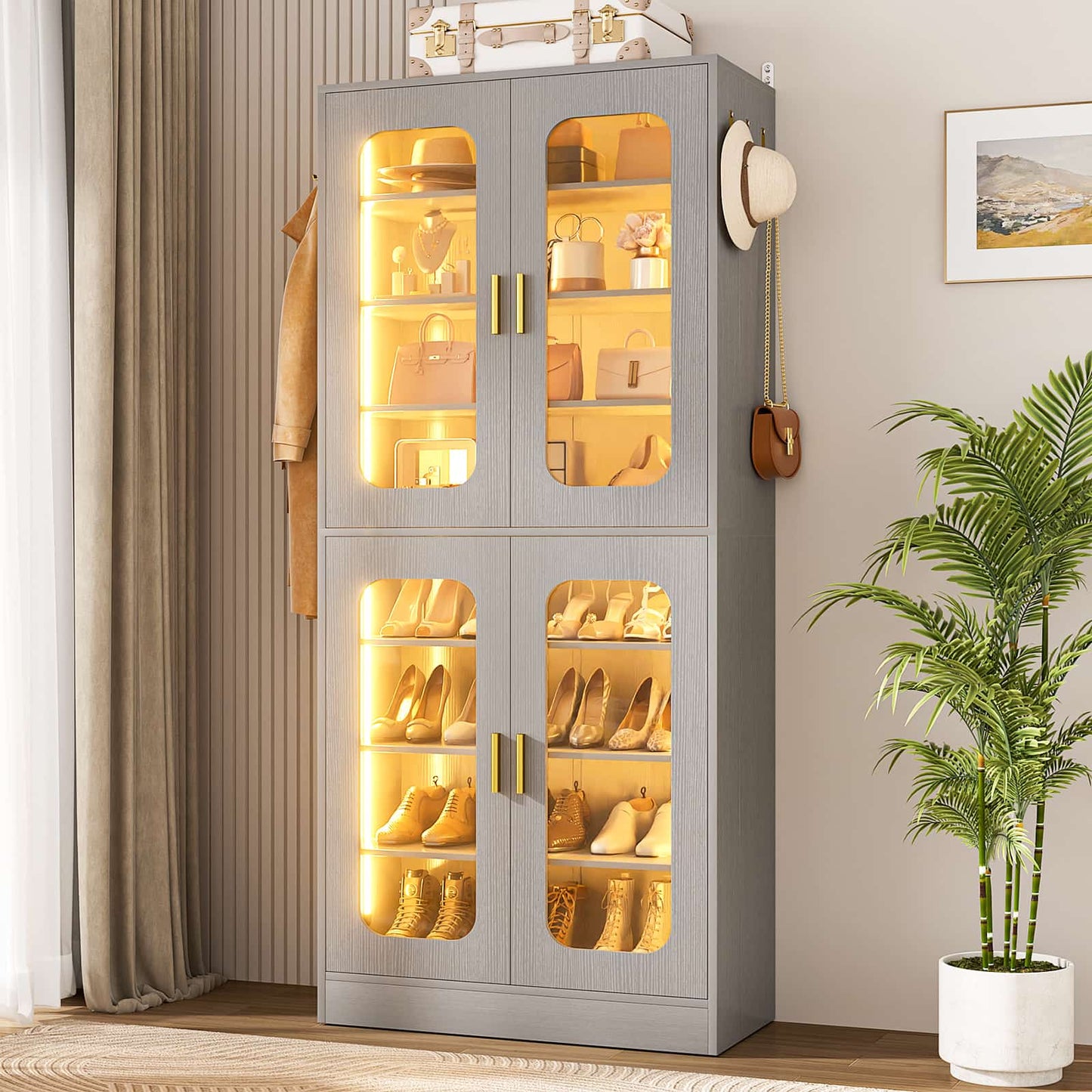 8-Tier LED Shoe Cabinet with Adjustable Shelves - 67 inch Tall Shoe Racks with Hooks for Entryway, Living Room, 24-32 Pairs