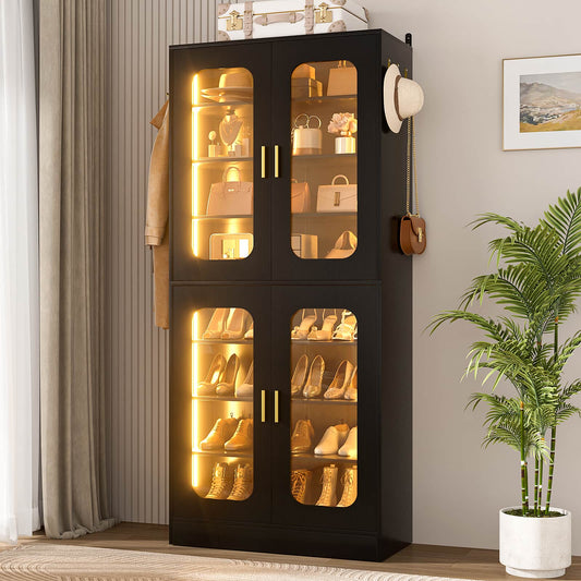 8-Tier LED Shoe Cabinet with Adjustable Shelves - 67 inch Tall Shoe Racks with Hooks for Entryway, Living Room, 24-32 Pairs