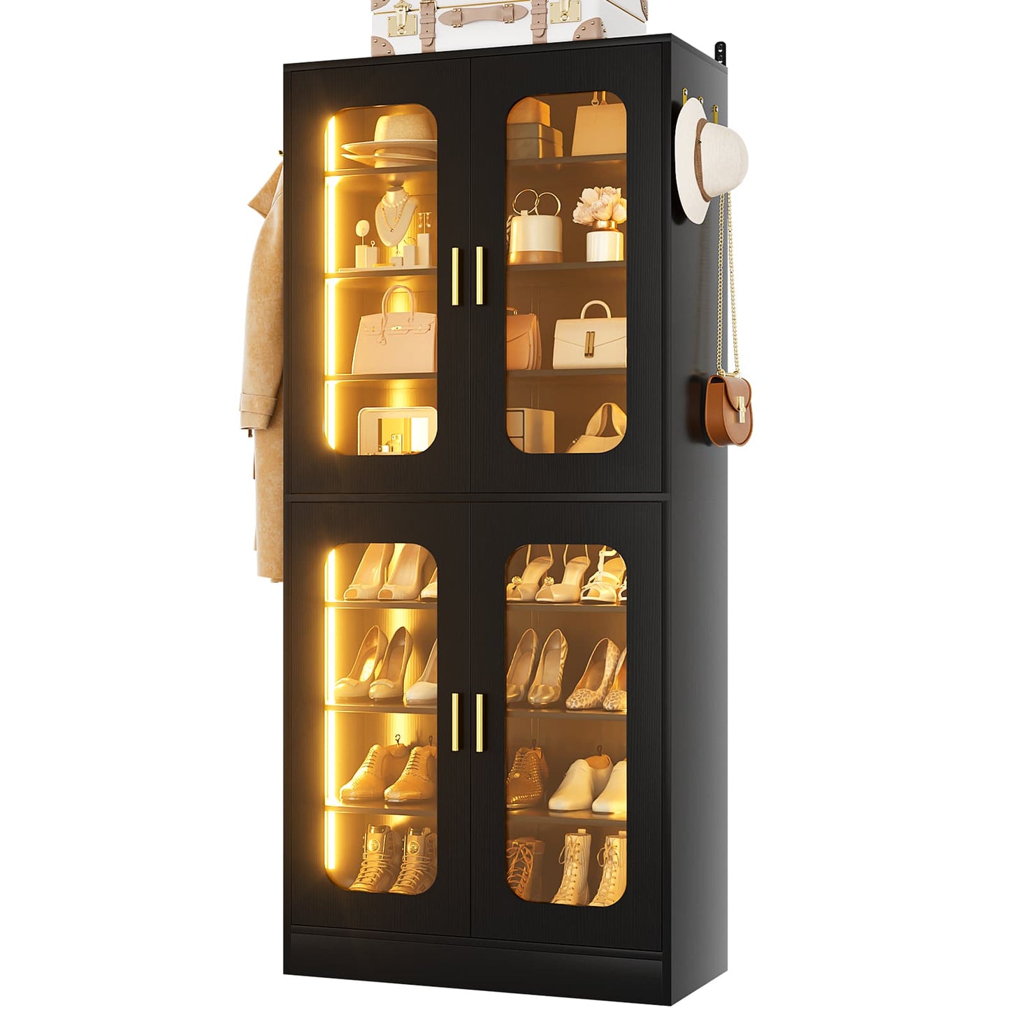 8-Tier LED Shoe Cabinet with Adjustable Shelves - 67 inch Tall Shoe Racks with Hooks for Entryway, Living Room, 24-32 Pairs
