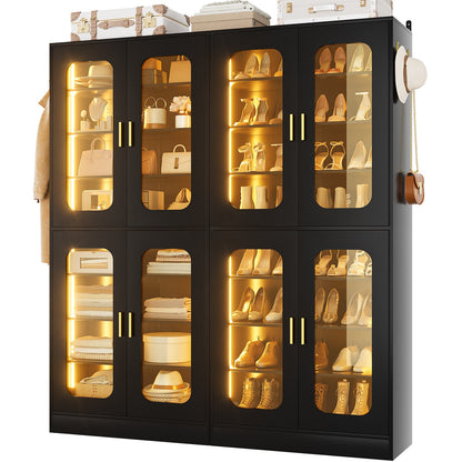 2-Pack 8-Tier LED Shoe Cabinets with Adjustable Shelves, Freestanding Shoe Racks with Hanging Hooks