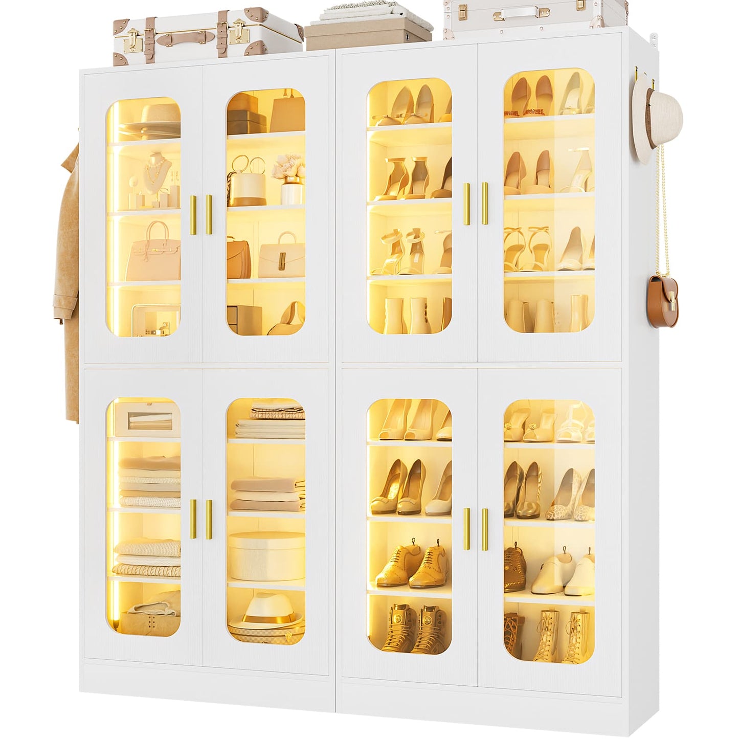 2-Pack 8-Tier LED Shoe Cabinets with Adjustable Shelves, Freestanding Shoe Racks with Hanging Hooks