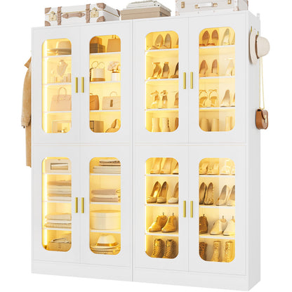 2-Pack 8-Tier LED Shoe Cabinets with Adjustable Shelves, Freestanding Shoe Racks with Hanging Hooks