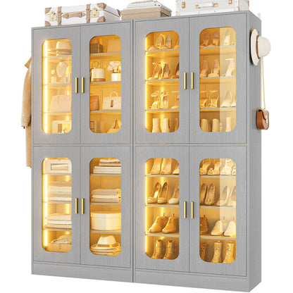 2-Pack 8-Tier LED Shoe Cabinets with Adjustable Shelves, Freestanding Shoe Racks with Hanging Hooks
