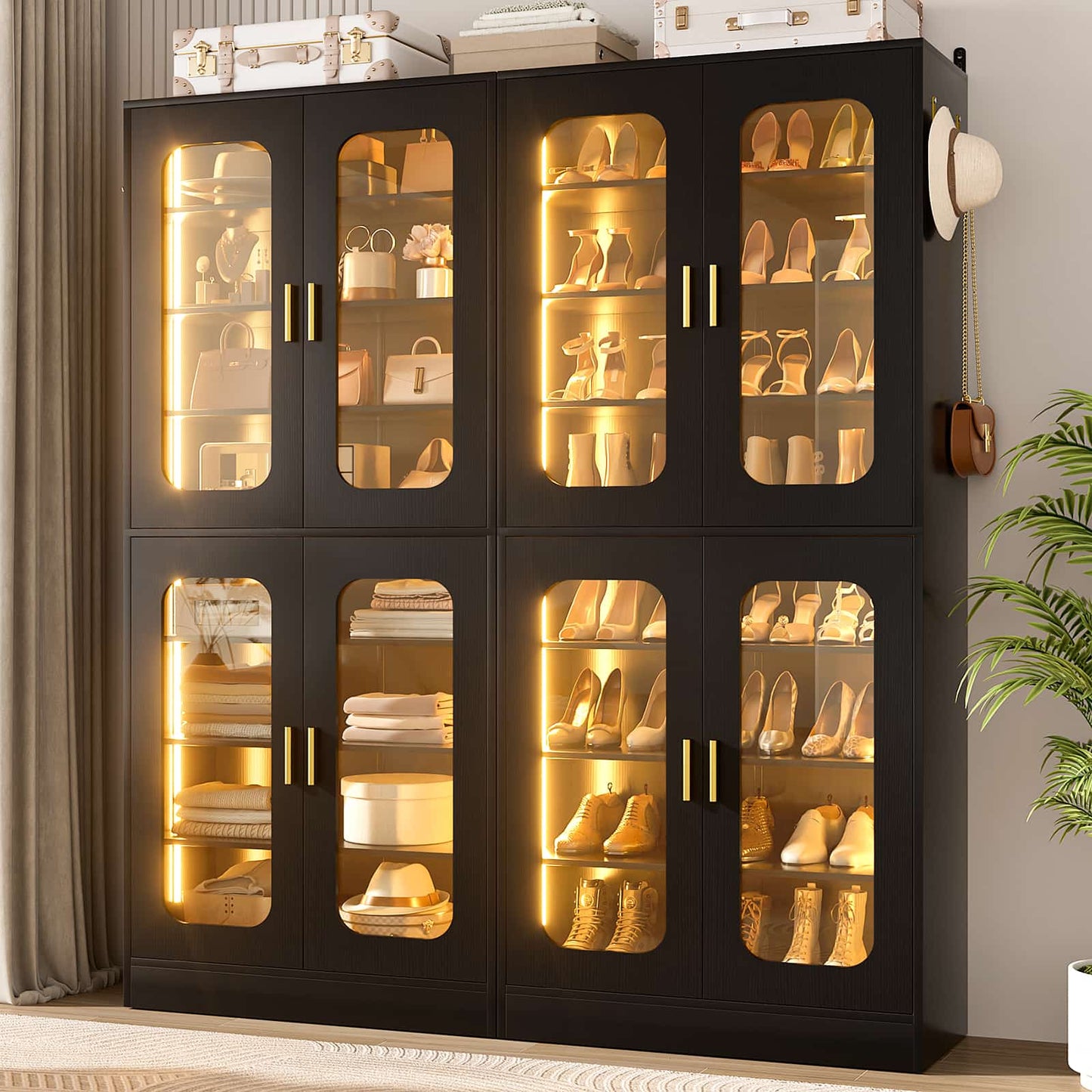 2-Pack 8-Tier LED Shoe Cabinets with Adjustable Shelves, Freestanding Shoe Racks with Hanging Hooks