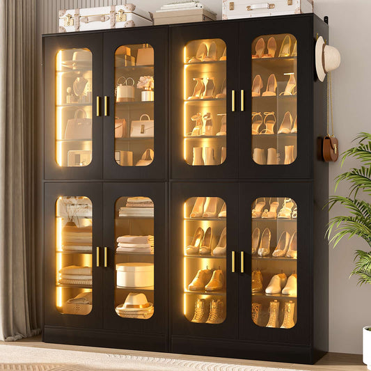 2-Pack 8-Tier LED Shoe Cabinets with Adjustable Shelves, Freestanding Shoe Racks with Hanging Hooks