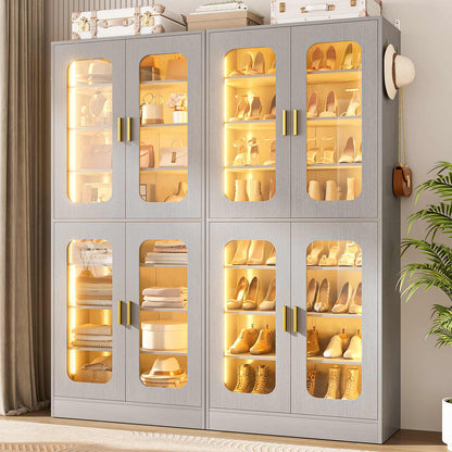 2-Pack 8-Tier LED Shoe Cabinets with Adjustable Shelves, Freestanding Shoe Racks with Hanging Hooks