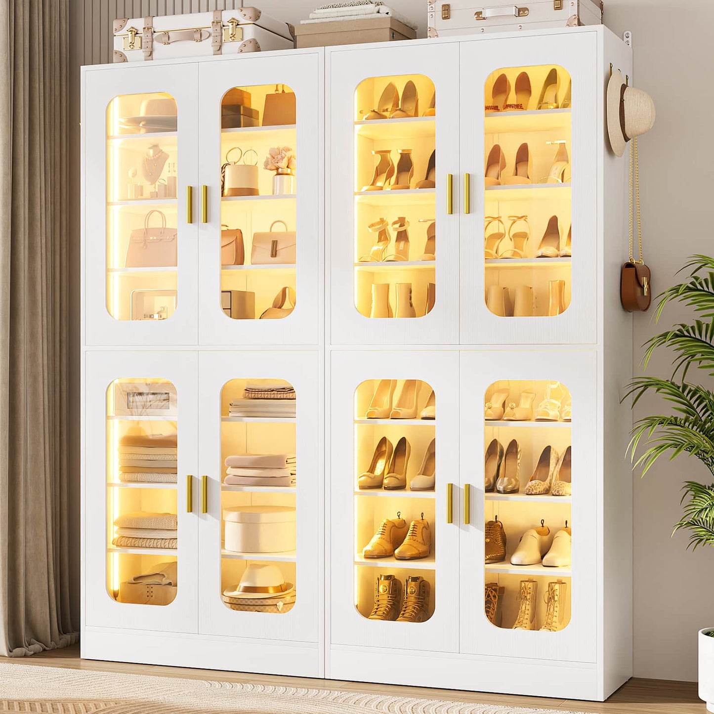 2-Pack 8-Tier LED Shoe Cabinets with Adjustable Shelves, Freestanding Shoe Racks with Hanging Hooks