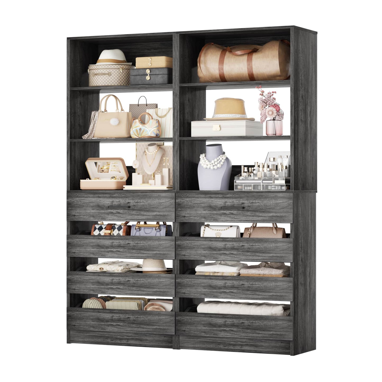 2-Pack Space-Saving Modular Armoire Wardrobe Closet System with 8 Drawers & Adjustable Shelves