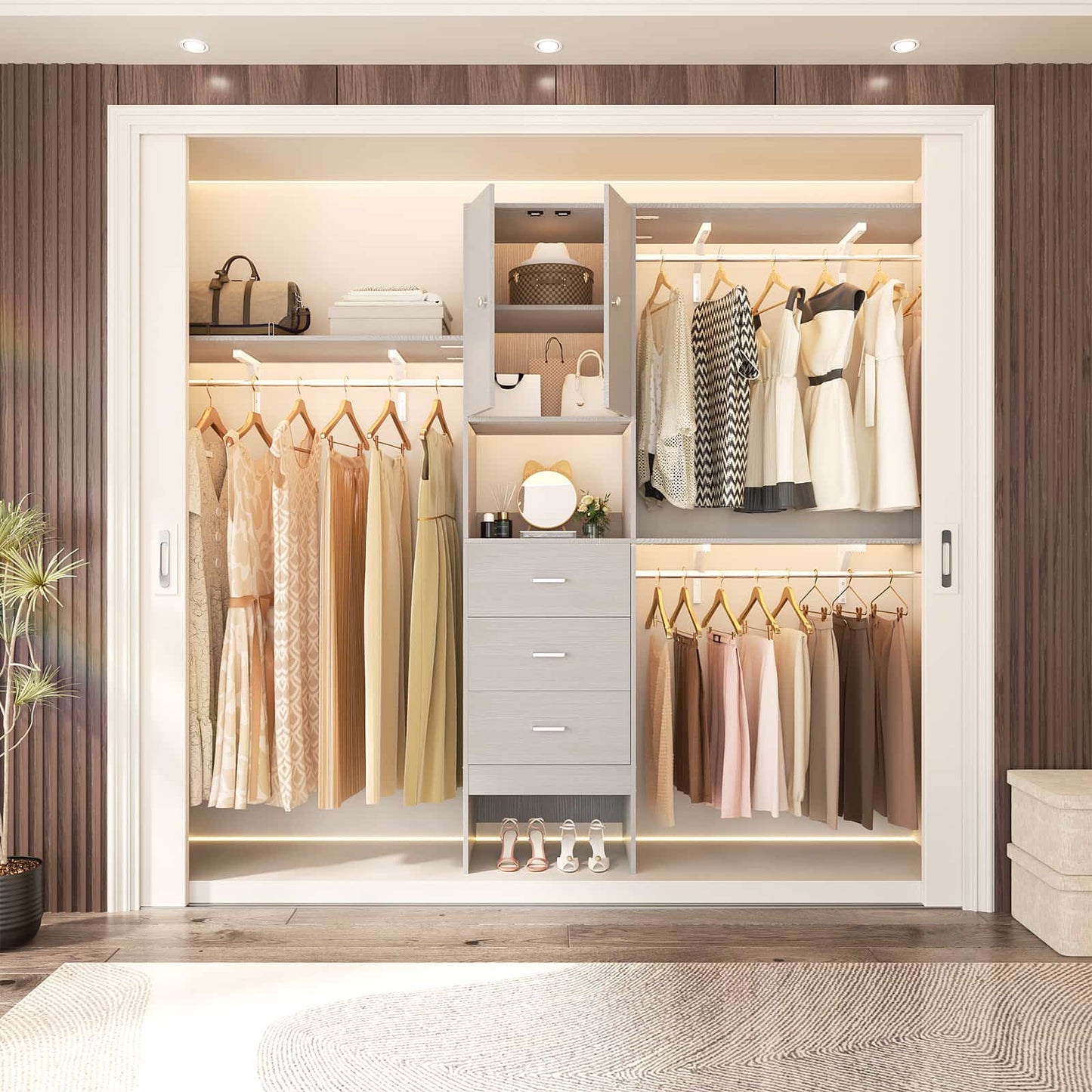 96 '' Closet Organizer System with Wood Drawers and Doors