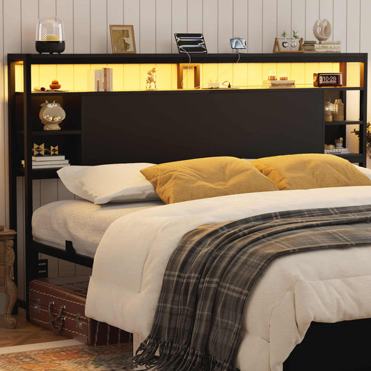 King Headboard with Storage, Headboards with Power Outlets and Smart LED Light, Sturdy Head Board for King Size Bed