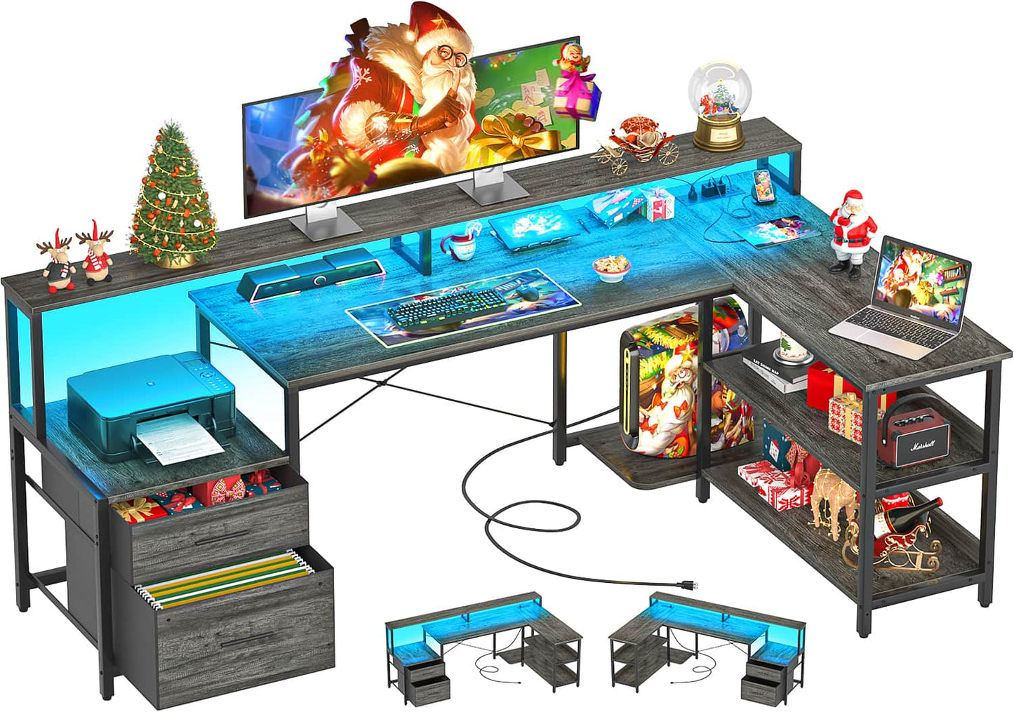 L Shaped Desk with File Drawer, 72.8" Reversible L Shaped Computer Desk with Power Outlet & LED Strip