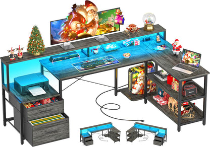 L Shaped Desk with File Drawer, 72.8" Reversible L Shaped Computer Desk with Power Outlet & LED Strip