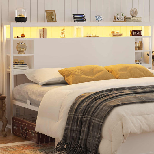 King Headboard with Storage, Headboards with Power Outlets and Smart LED Light, Sturdy Head Board for King Size Bed
