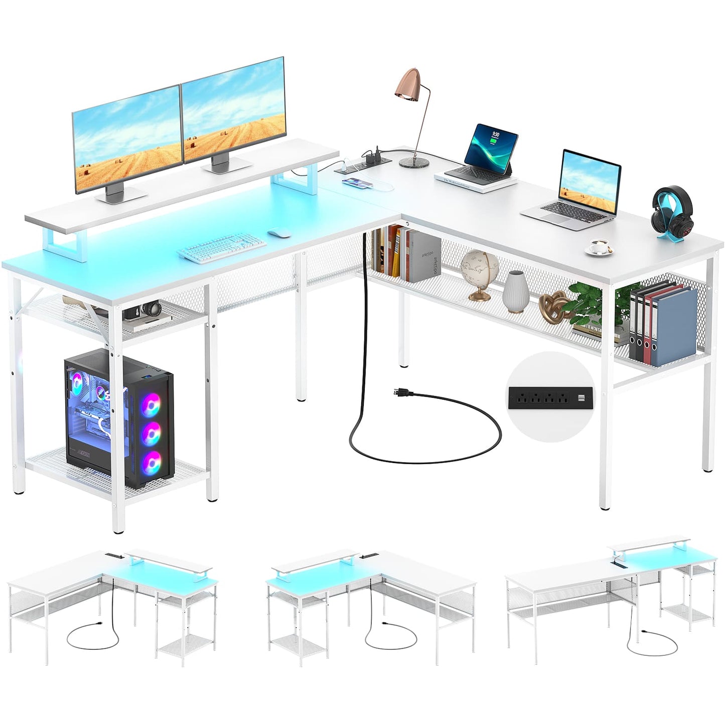 L Shaped Computer Desk with Magic Power Outlets and Smart LED Light