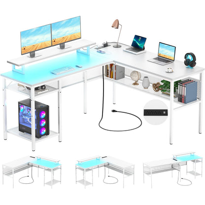 L Shaped Computer Desk with Magic Power Outlets and Smart LED Light