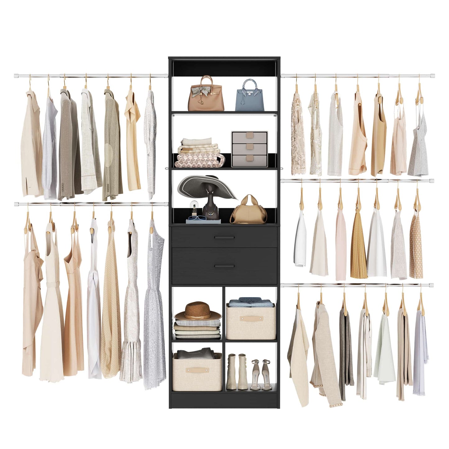 4-8 FT Walk-in Closet Organizer Tower, 2 Wooden Drawers + 5 Hang Rods, Built-in Shelves, Fit 60-96'' Closet Systems
