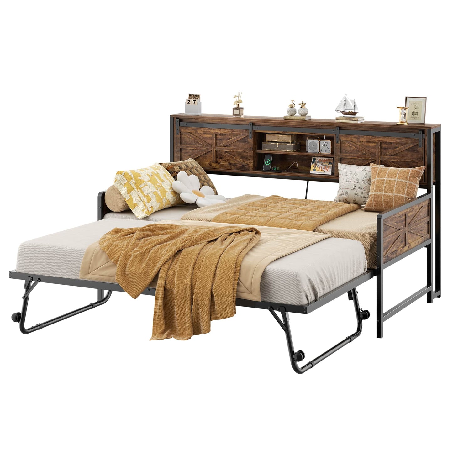 Twin Size Daybed with Trundle, Daybed with Charging Station & Storage Headboard, Heavy Duty Metal Sofa Bed Frame with Pop-up Trundle