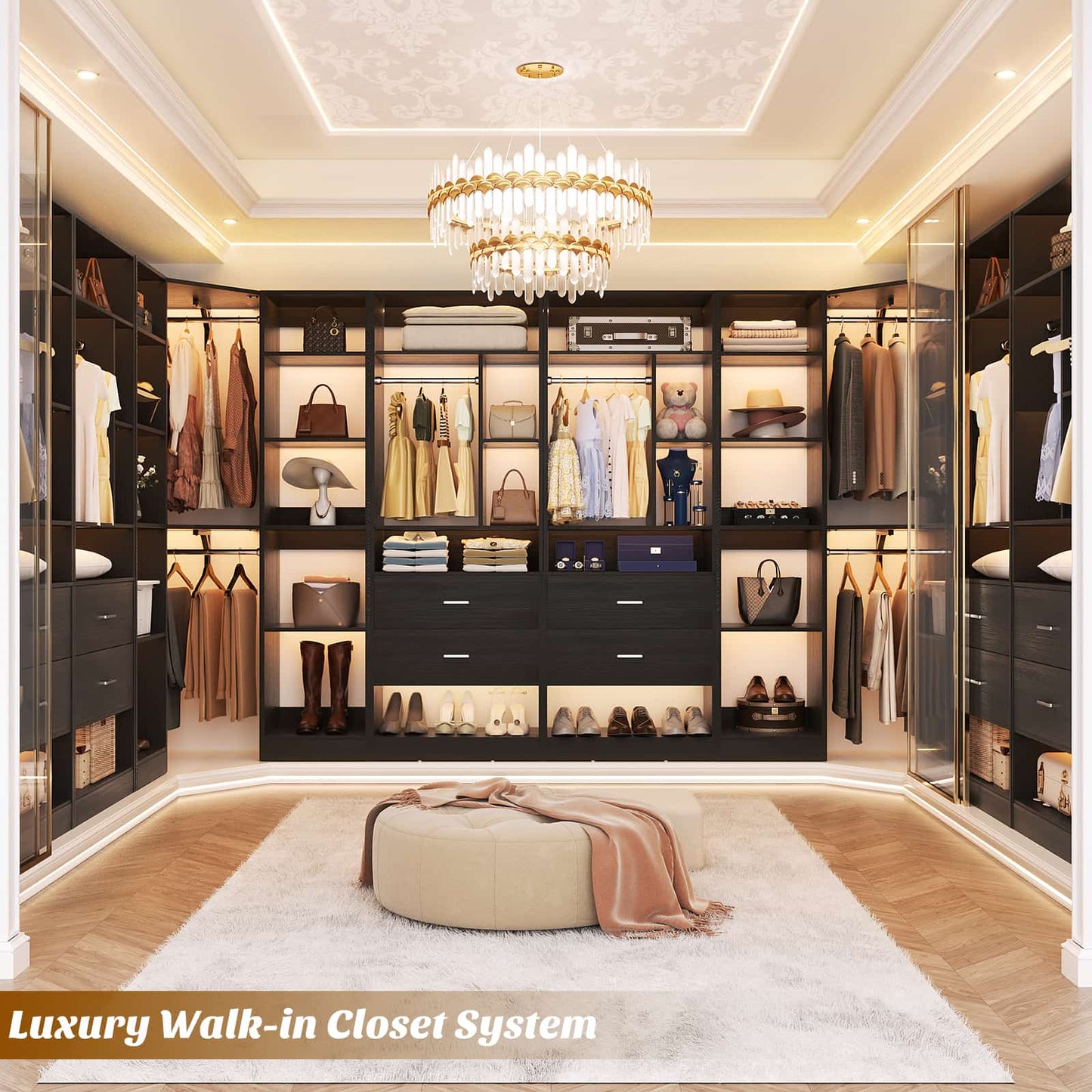 Closet System Closet Organizer, Wood Closet Organizer System,Walk-in Closet or Small Closets Wardrobe, Clothes Rack with Hanging Rods