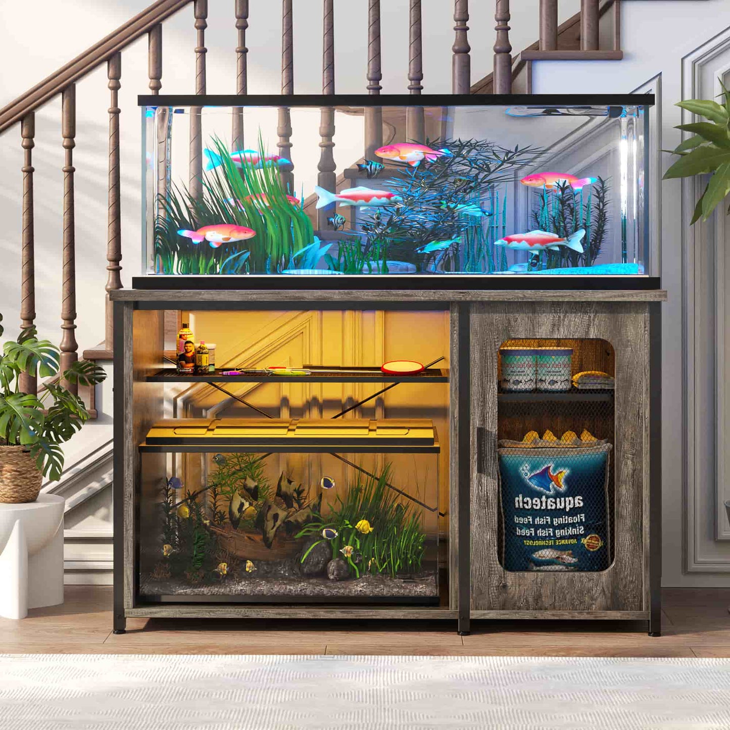 Heavy Duty 55-75 Gallon Aquarium Stand with Power Outlets, LED Light & Storage Cabinet - Reversible Metal Fish Tank Stand, 880LBS Capacity