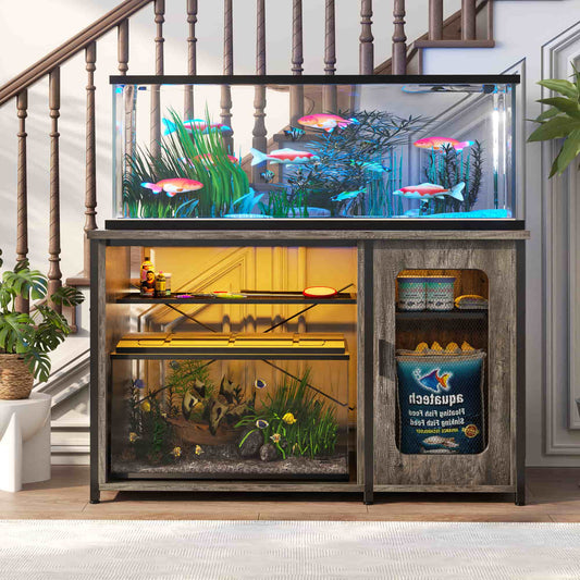 Heavy Duty 55-75 Gallon Aquarium Stand with Power Outlets, LED Light & Storage Cabinet - Reversible Metal Fish Tank Stand, 880LBS Capacity