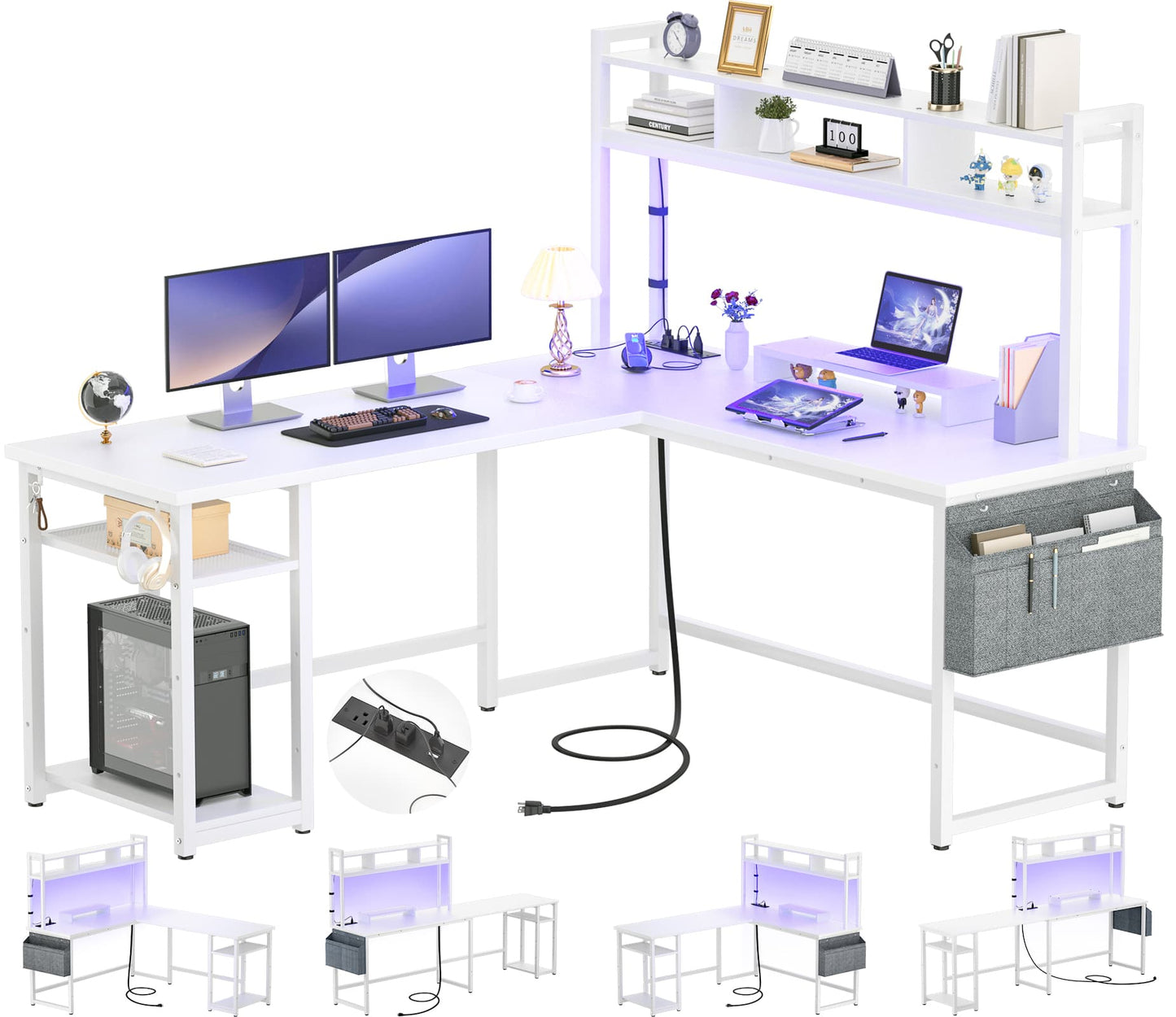 L Shaped Desk with Power Outlet, LED Strip, Storage Shelf