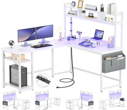 L Shaped Desk with Power Outlet, LED Strip, Storage Shelf
