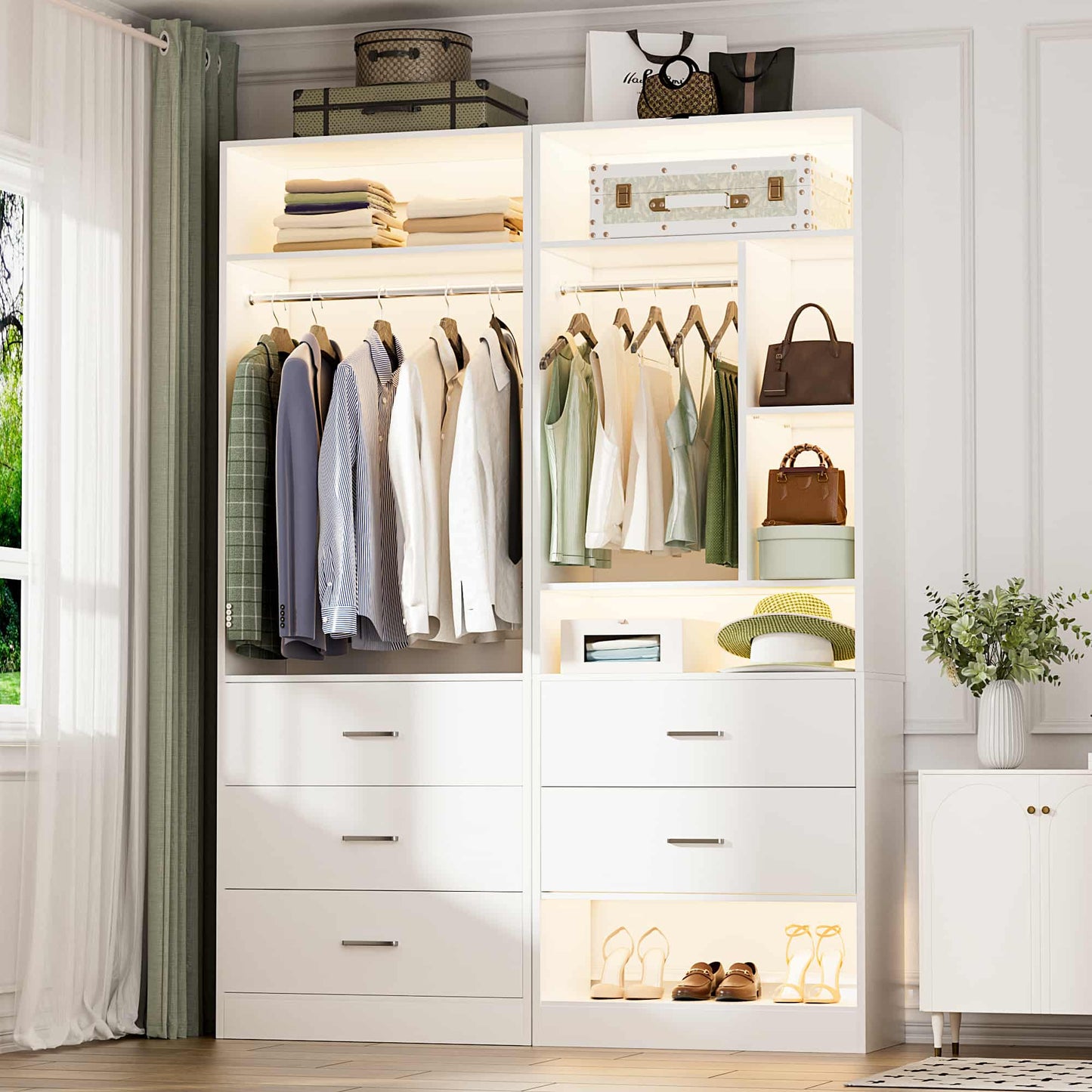 63.2" L X 39.2" W X 80" H Corner Closet System,Freestanding Closet Organizer System With 2 Drawers & 12 Shelves