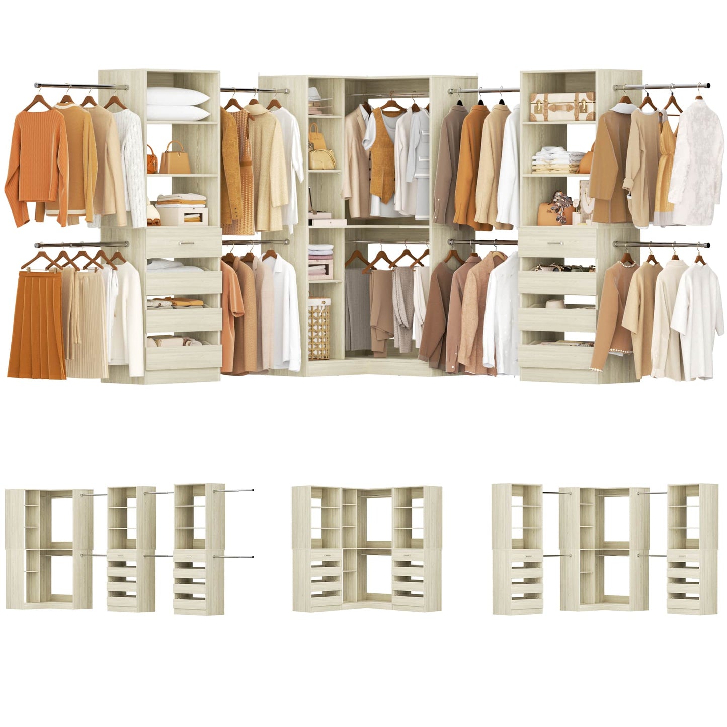 3-Piece Freestanding Wardrobe,79"-267" Adjustable Closet System with Drawers & Shelves for Bedroom/Closet Storage