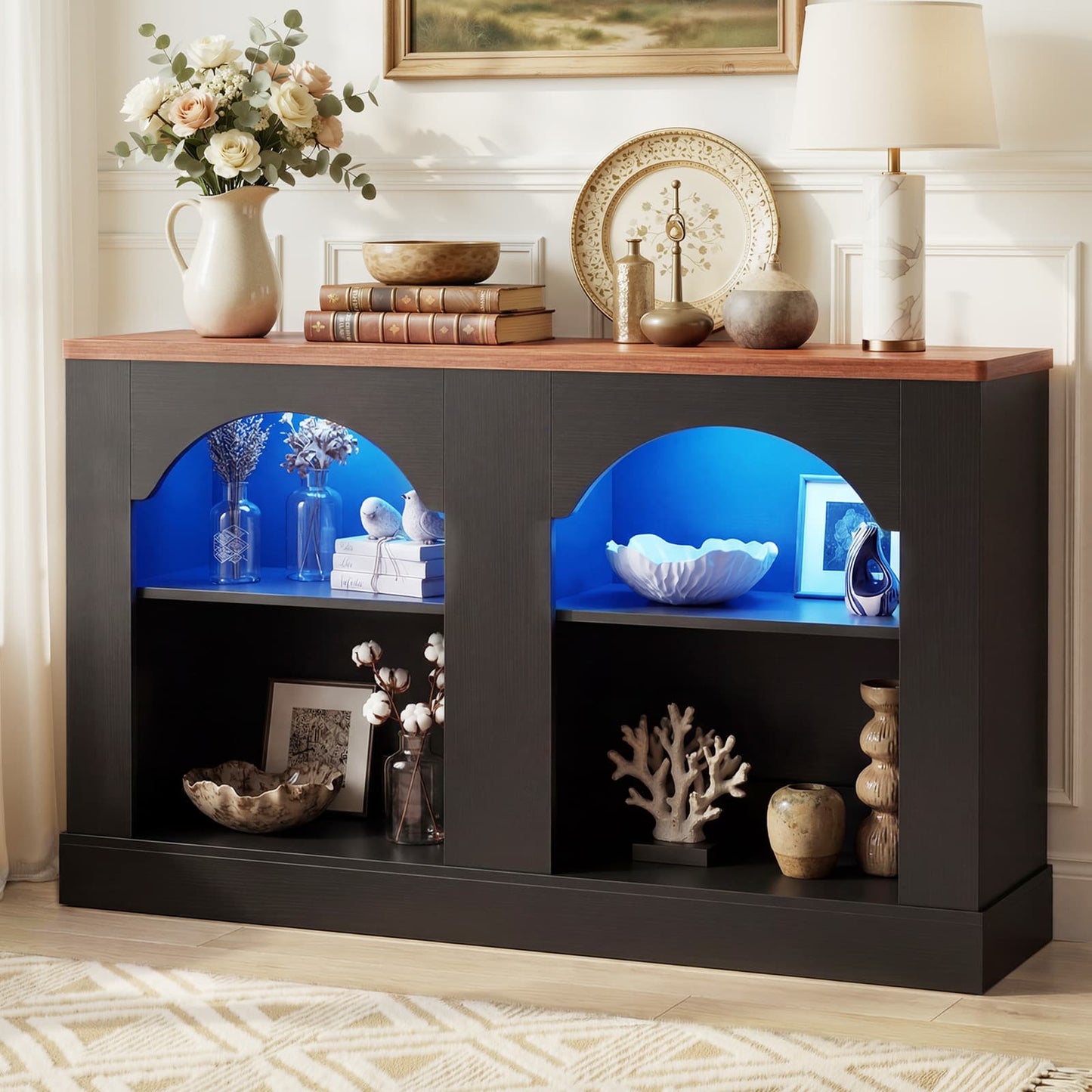 47" Arched LED Entryway Table - Farmhouse Console Table with Adjustable Shelves, Sofa Table, Sideboard Buffet Storage Cabinet