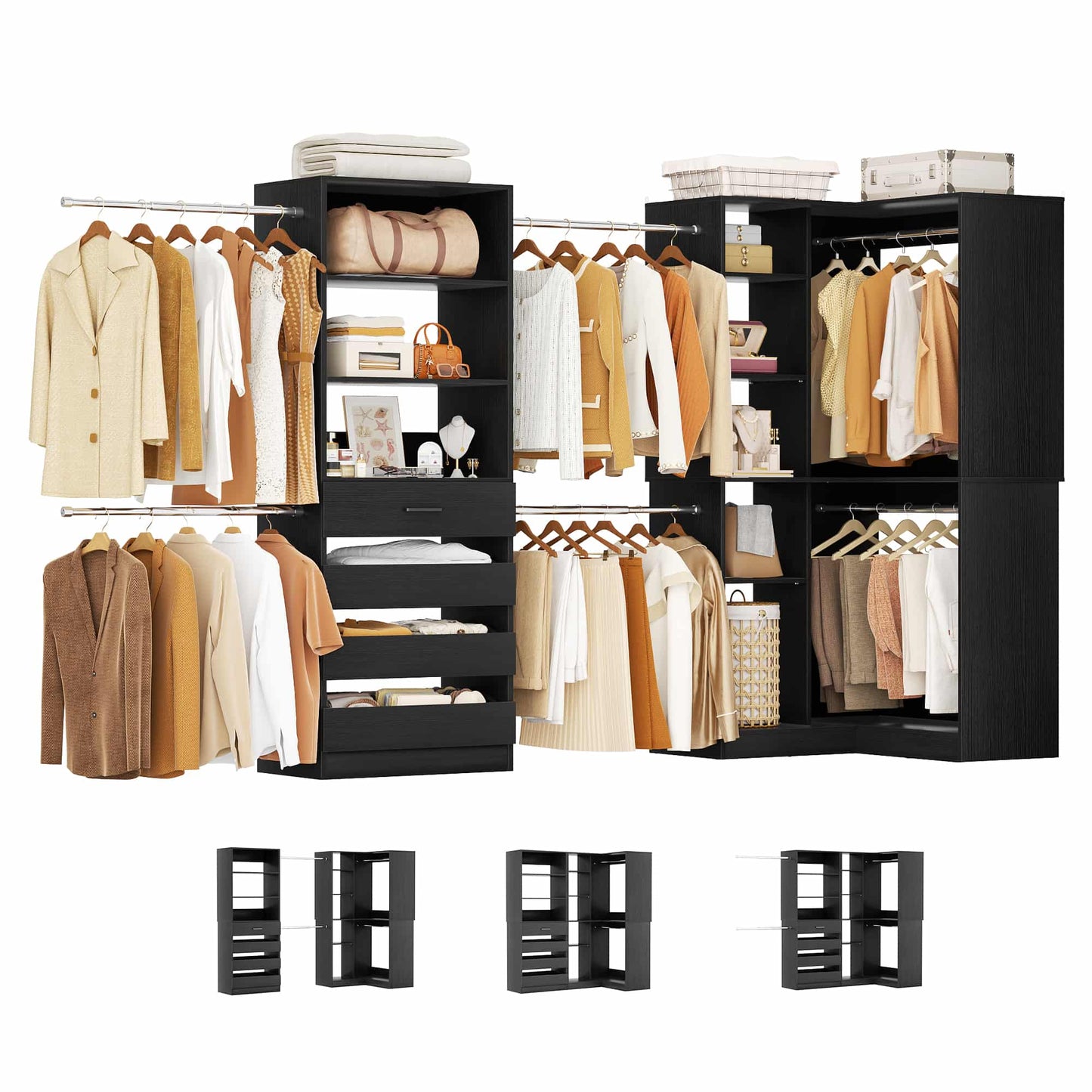 58"-152" Freestanding Closet System, Wardrobe Organizer with Drawers & Shelves, Corner Storage Unit for Bedroom/Living Room